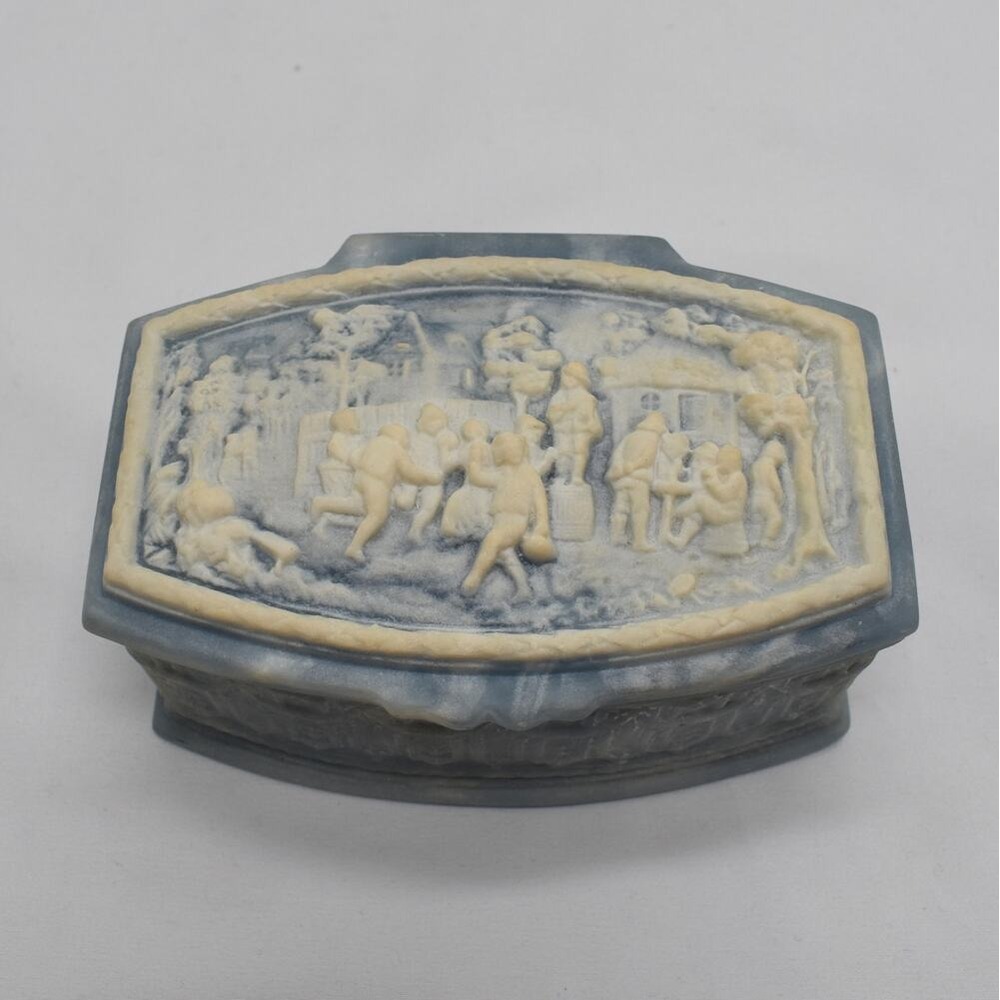 Vintage Genuine Incolay Stone Jewelry Box Blue Cream Marbled Trinket Keepsake